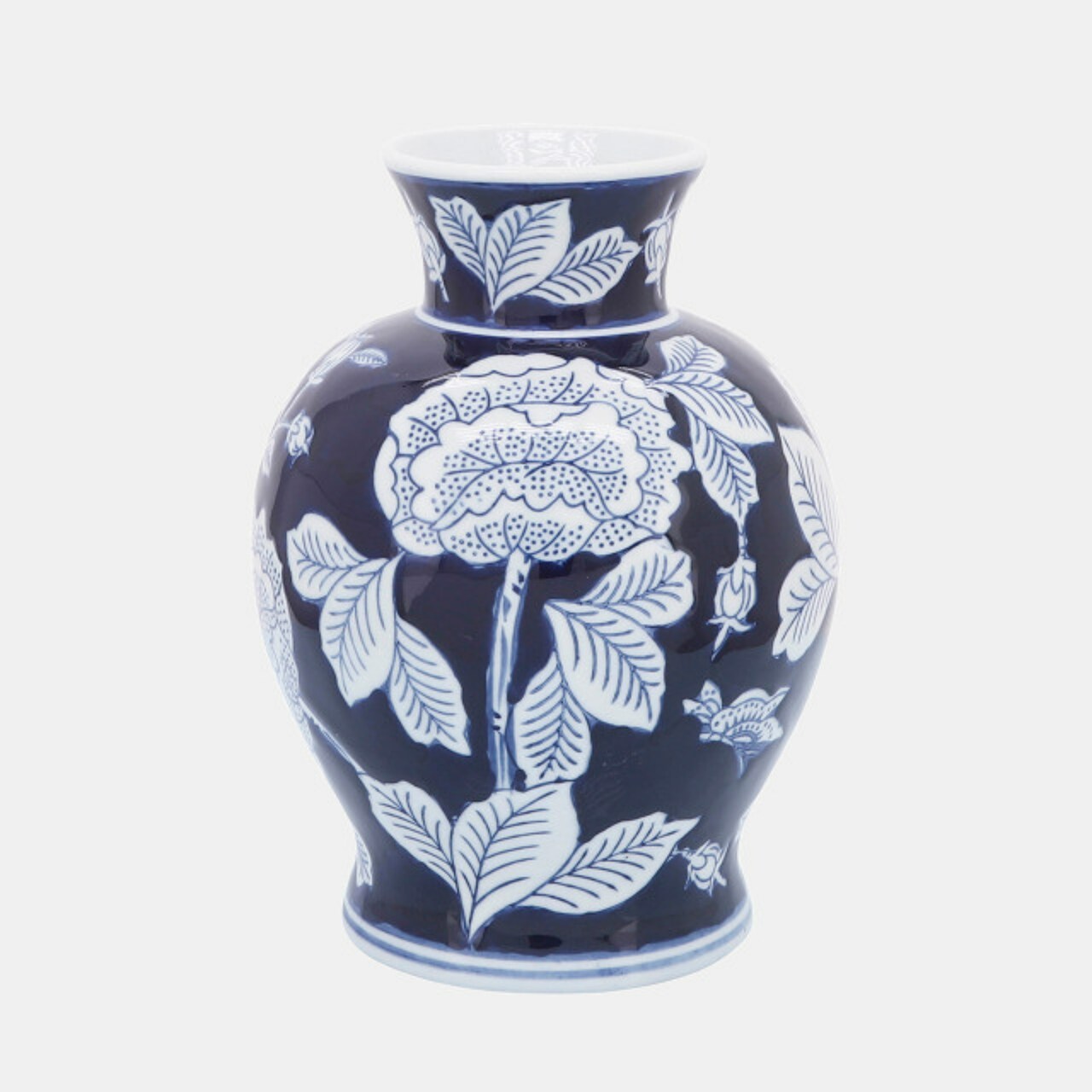 Kingston Living Floral Chinoiserie Ceramic Vase - 9" - White and Blue